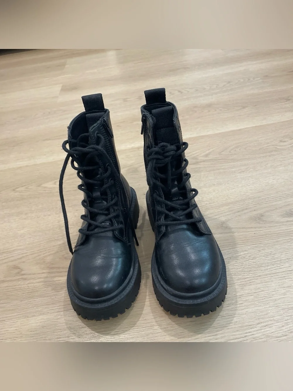 Zara Black Lace-Up Kids Combat Boots with Side Zip